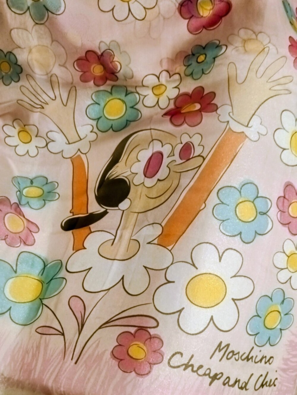Moschino Cheap and Chic Pink Floral Logo Silk Scarf🌸Vintage 1988